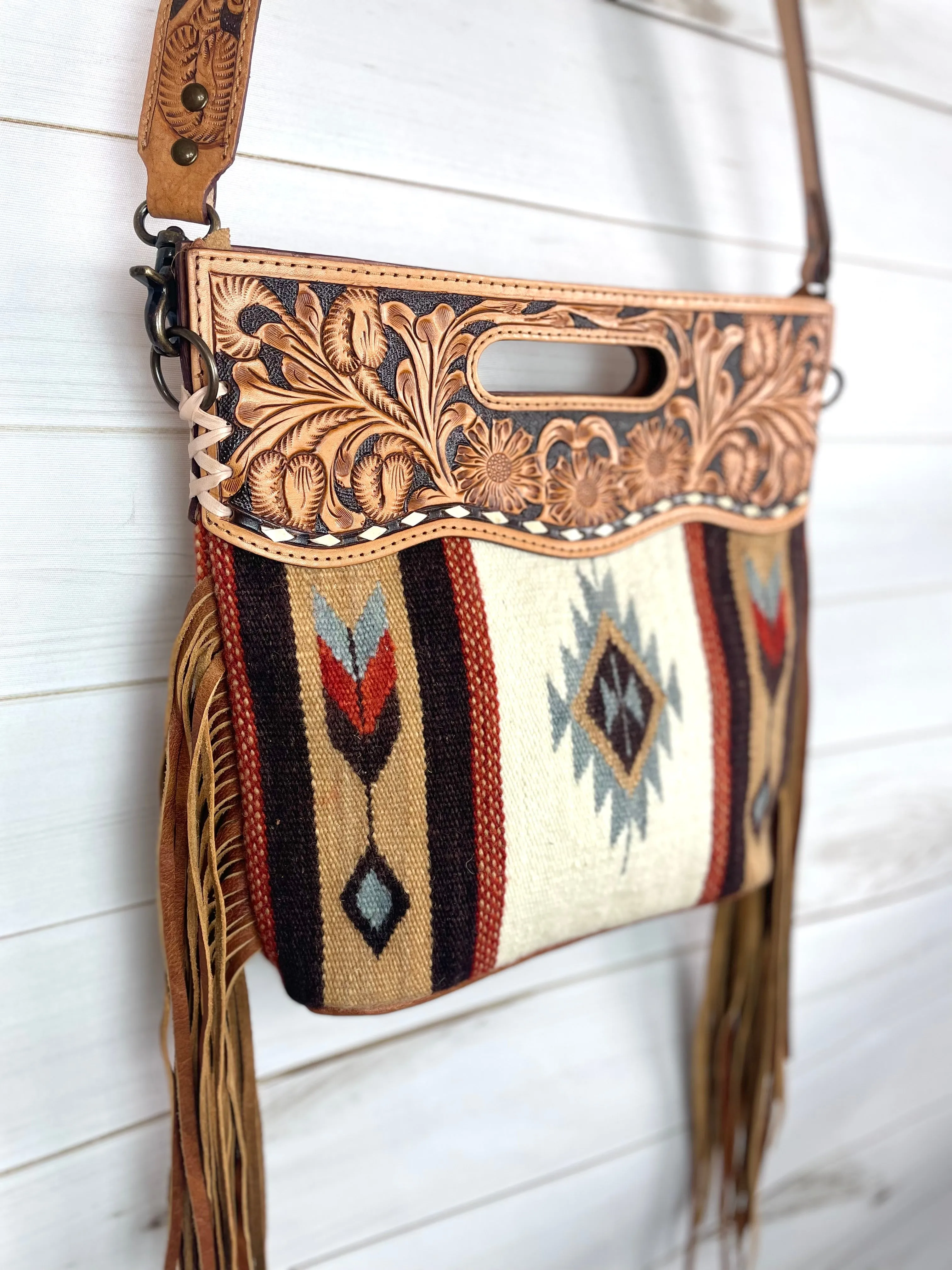 Churro Tan Grey Diamond Arrow Wool Leather Handle Fringe Bag