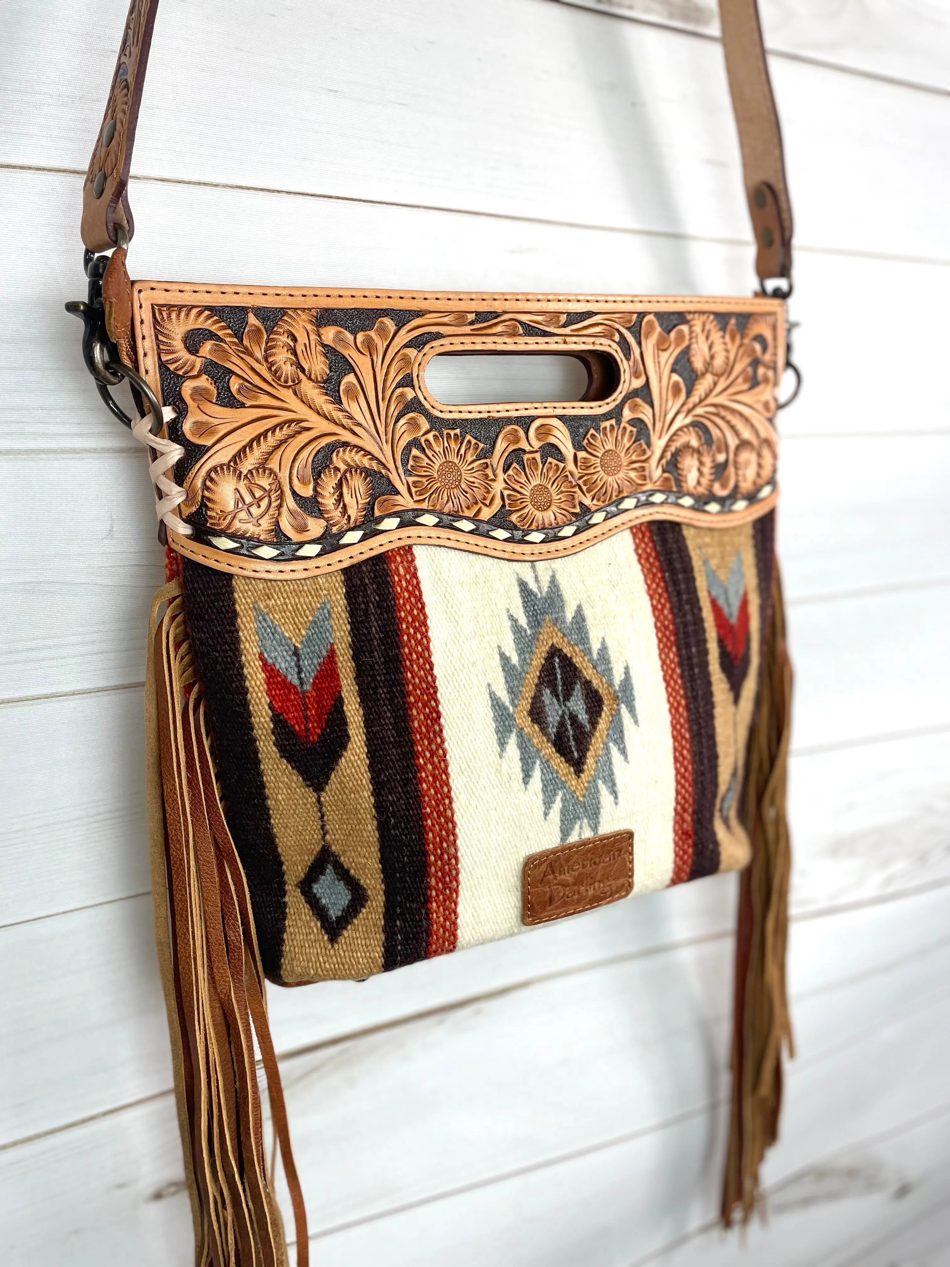 Churro Tan Grey Diamond Arrow Wool Leather Handle Fringe Bag