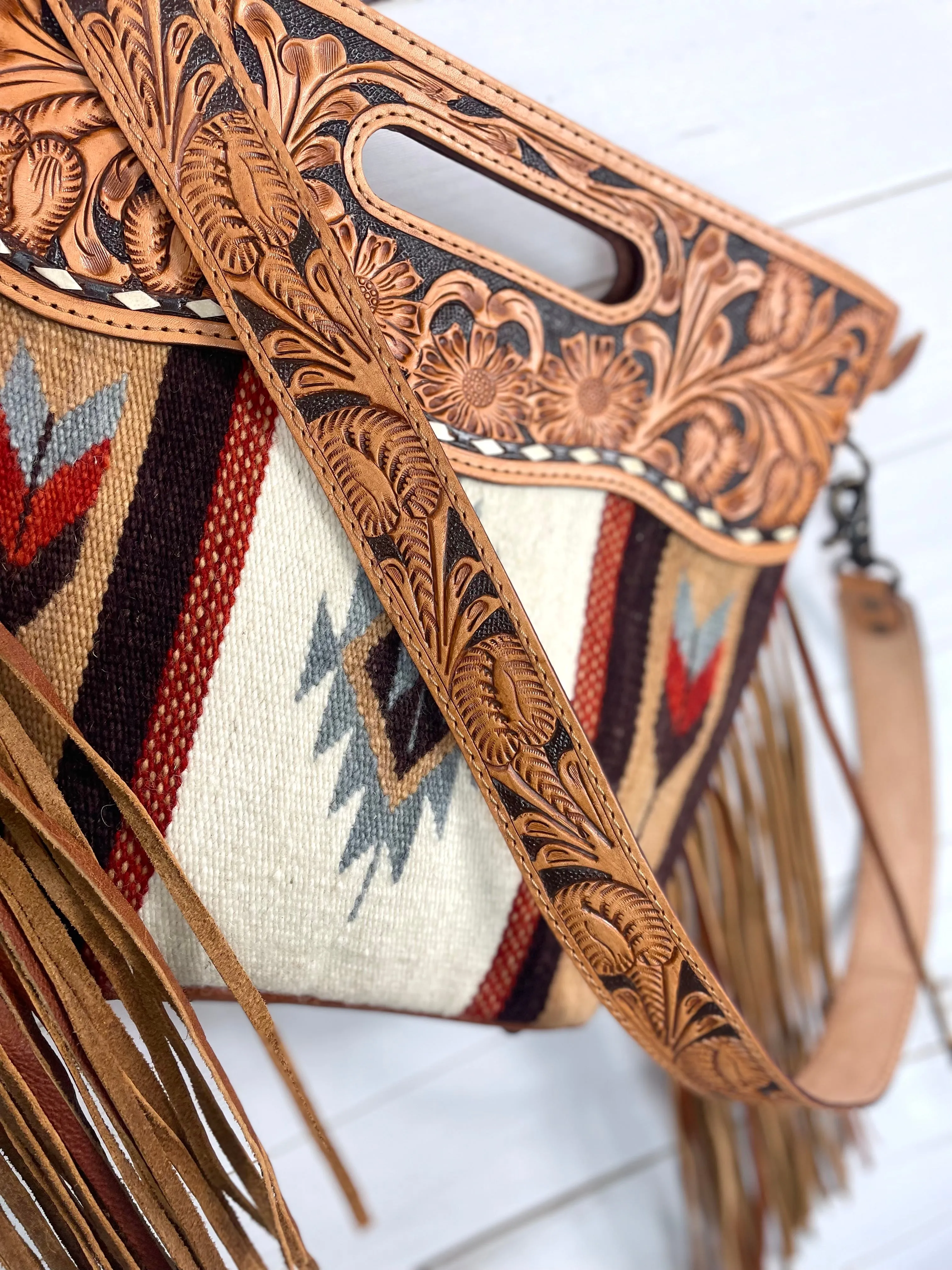 Churro Tan Grey Diamond Arrow Wool Leather Handle Fringe Bag