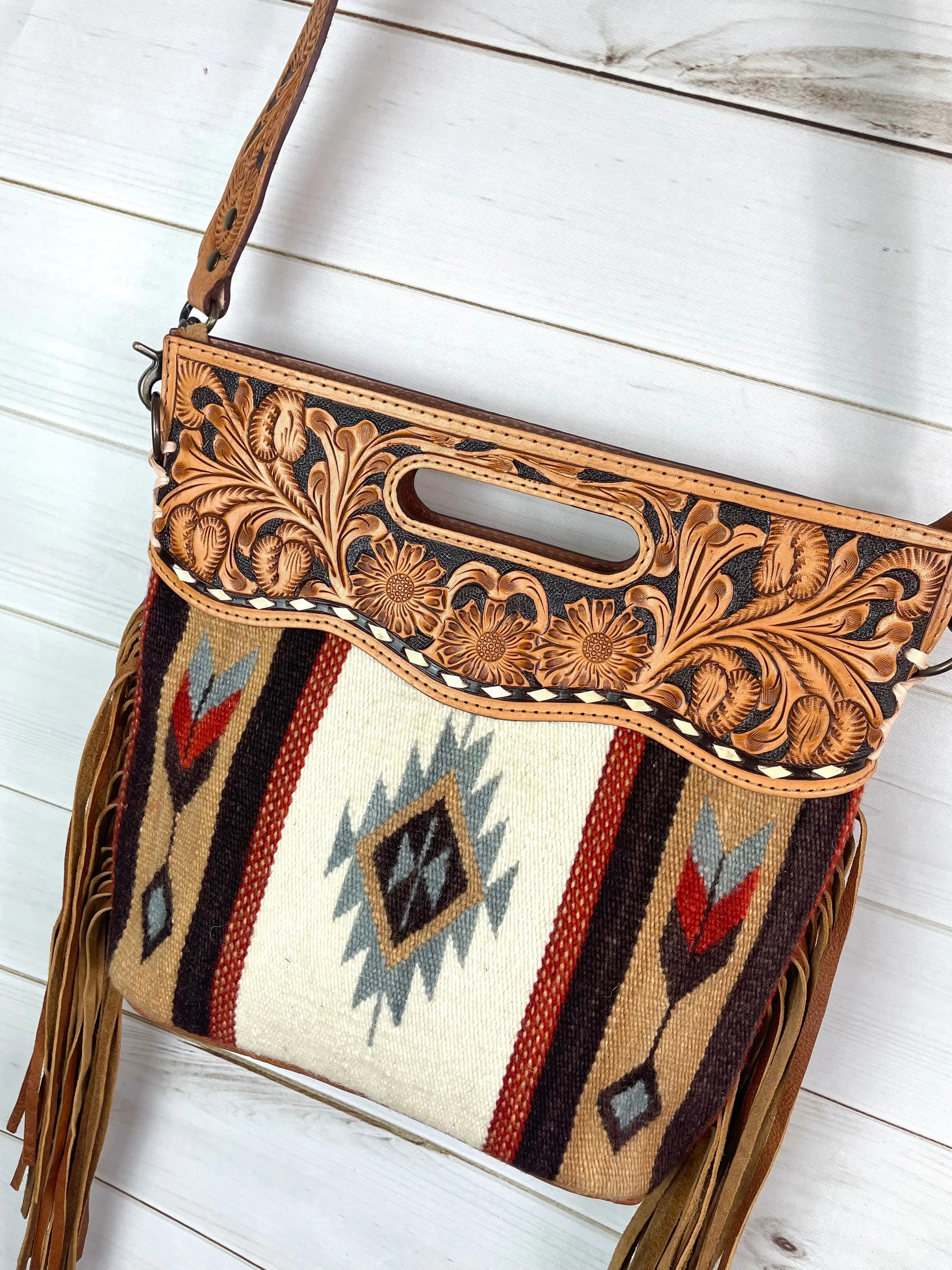 Churro Tan Grey Diamond Arrow Wool Leather Handle Fringe Bag