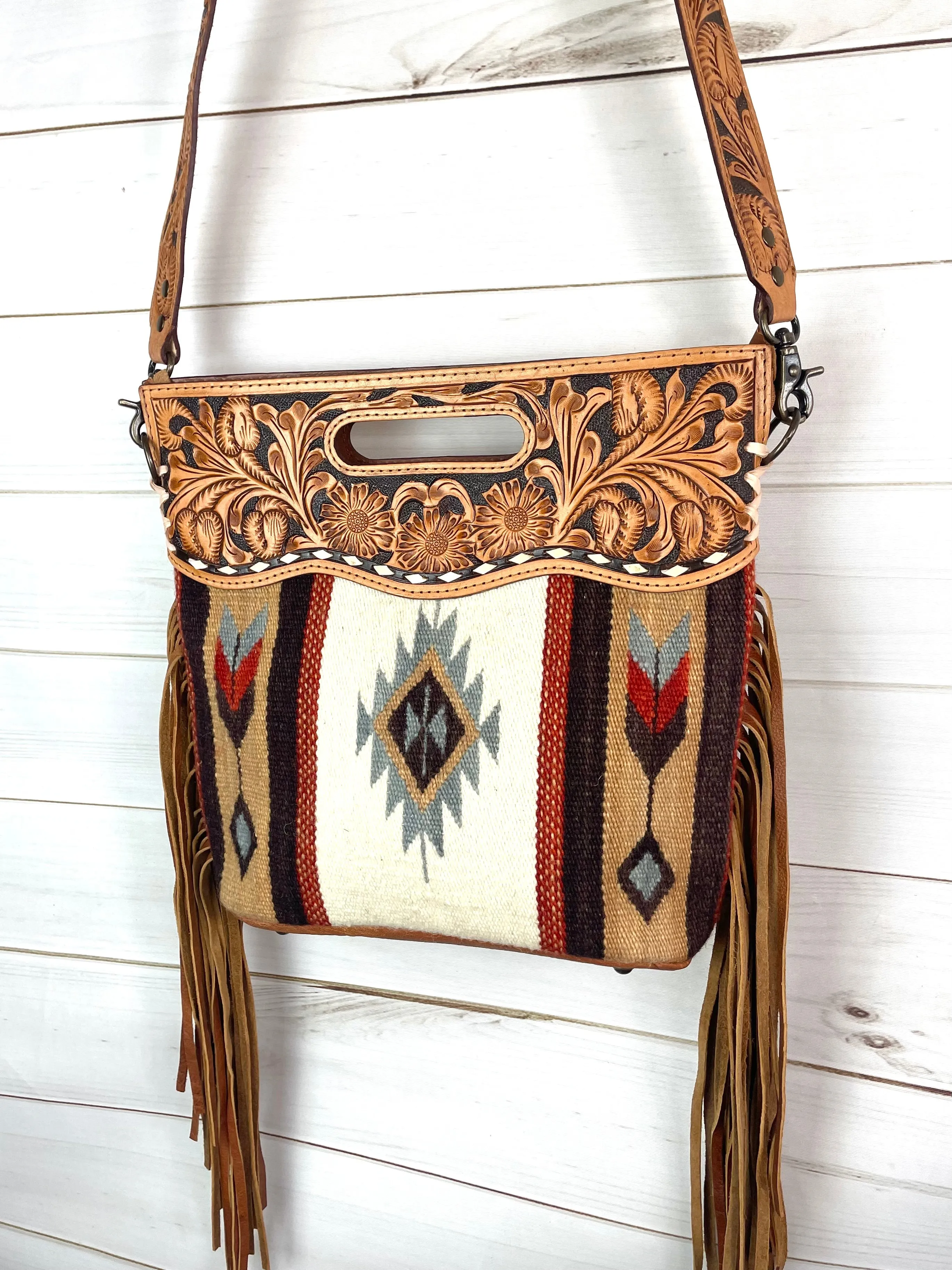 Churro Tan Grey Diamond Arrow Wool Leather Handle Fringe Bag