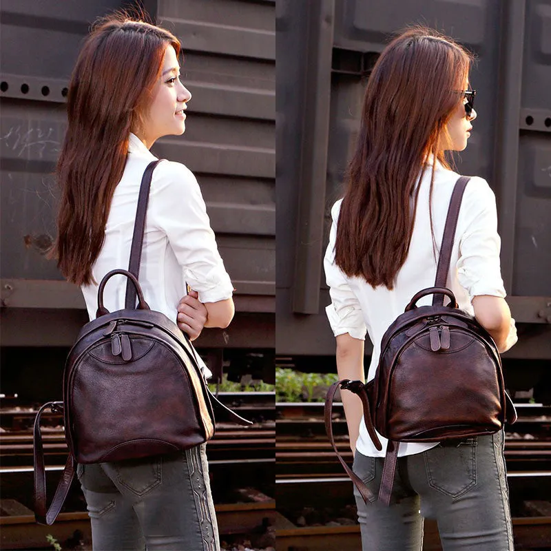 Classic Brown Leather Small Rucksack Bag Womens Compact Leather Backpack Ladies Backpack Purse