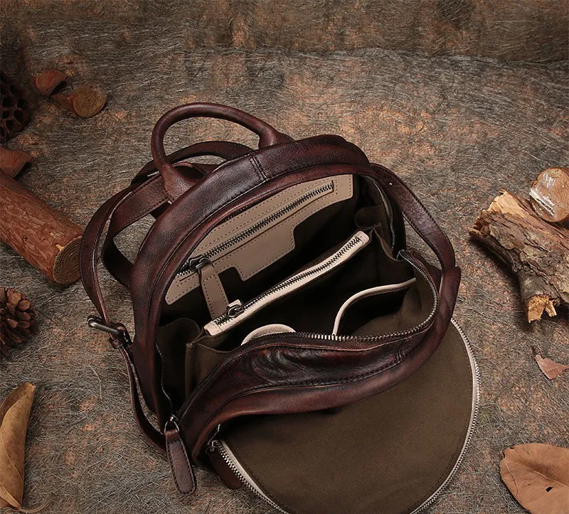 Classic Brown Leather Small Rucksack Bag Womens Compact Leather Backpack Ladies Backpack Purse
