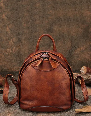 Classic Brown Leather Small Rucksack Bag Womens Compact Leather Backpack Ladies Backpack Purse