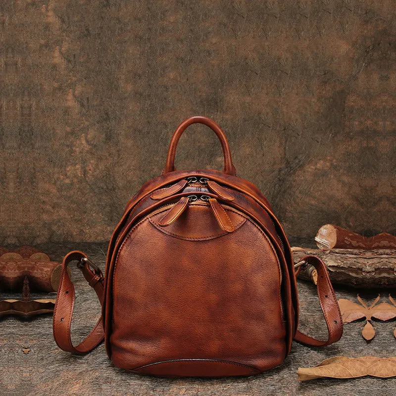 Classic Brown Leather Small Rucksack Bag Womens Compact Leather Backpack Ladies Backpack Purse