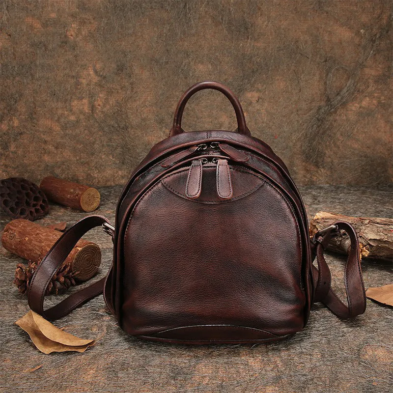 Classic Brown Leather Small Rucksack Bag Womens Compact Leather Backpack Ladies Backpack Purse