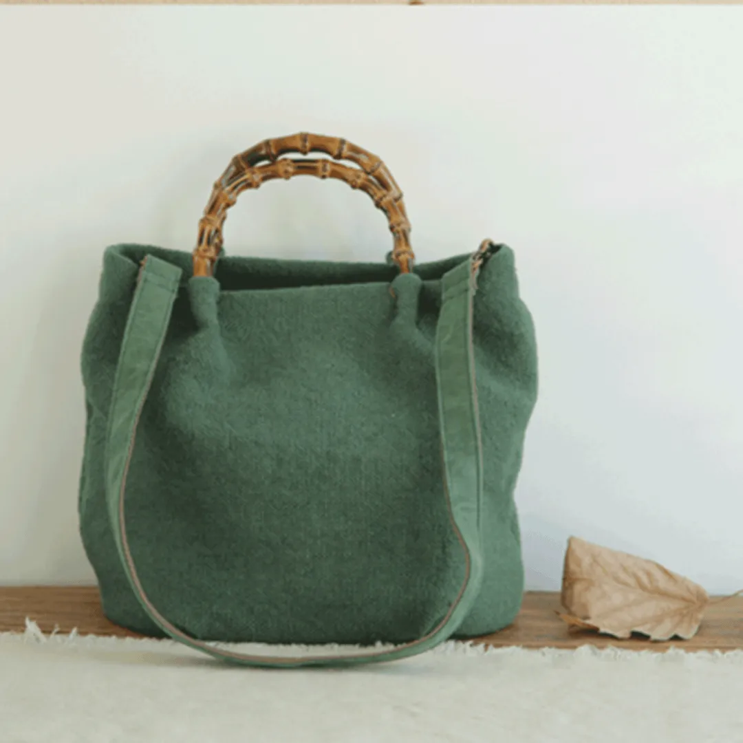 Cotton Linen Simple Bamboo Rattan Handle Casual Bag Crossbody Bag