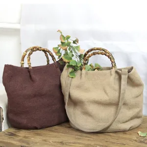 Cotton Linen Simple Bamboo Rattan Handle Casual Bag Crossbody Bag