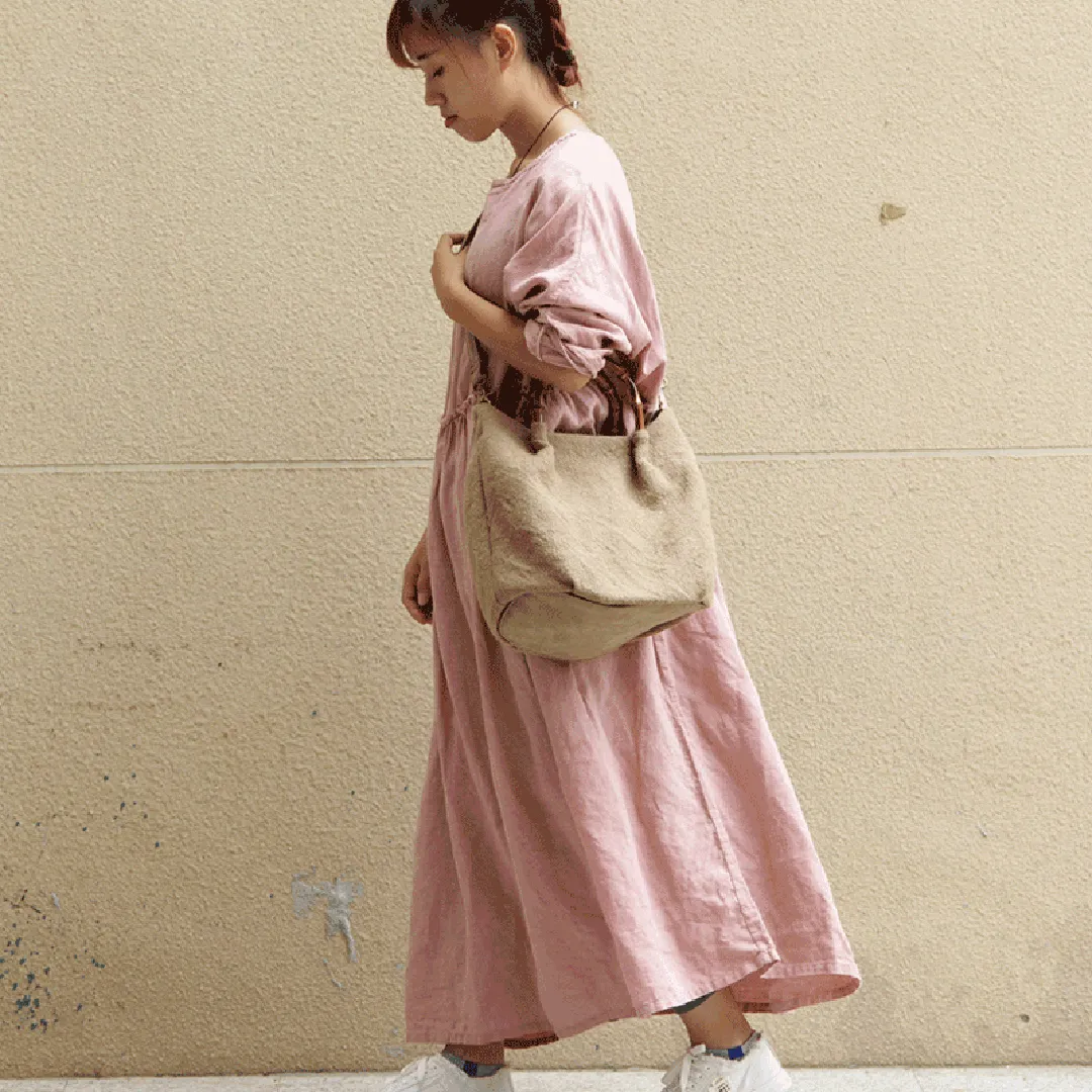 Cotton Linen Simple Bamboo Rattan Handle Casual Bag Crossbody Bag