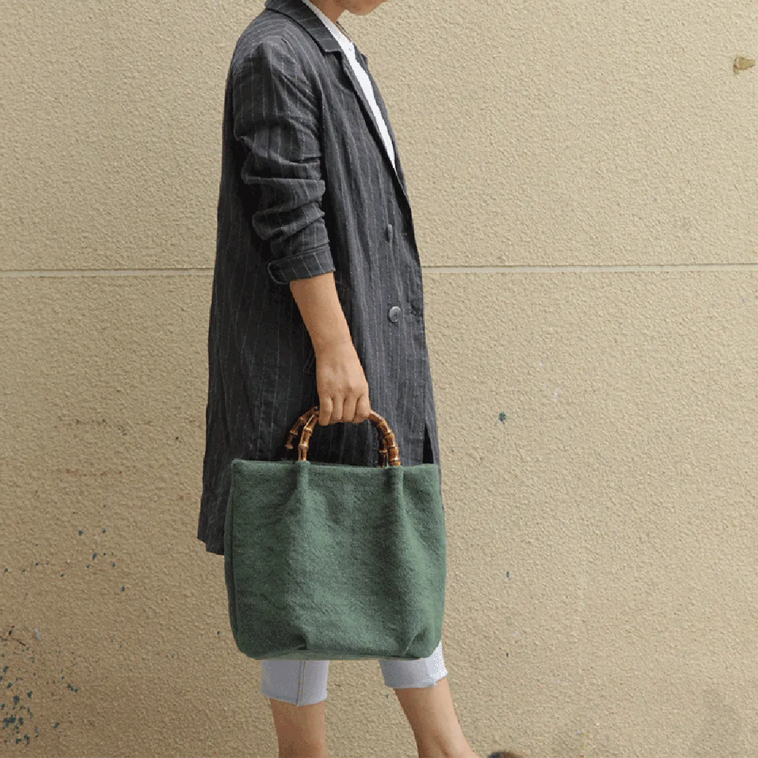 Cotton Linen Simple Bamboo Rattan Handle Casual Bag Crossbody Bag