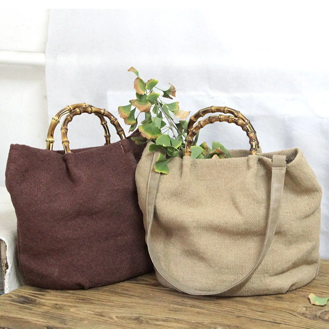 Cotton Linen Simple Bamboo Rattan Handle Casual Bag Crossbody Bag