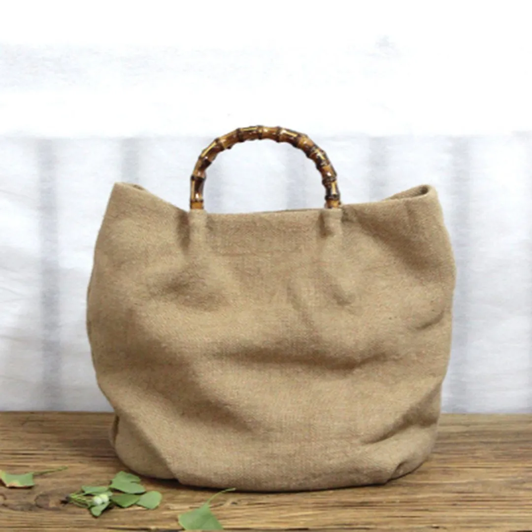 Cotton Linen Simple Bamboo Rattan Handle Casual Bag Crossbody Bag