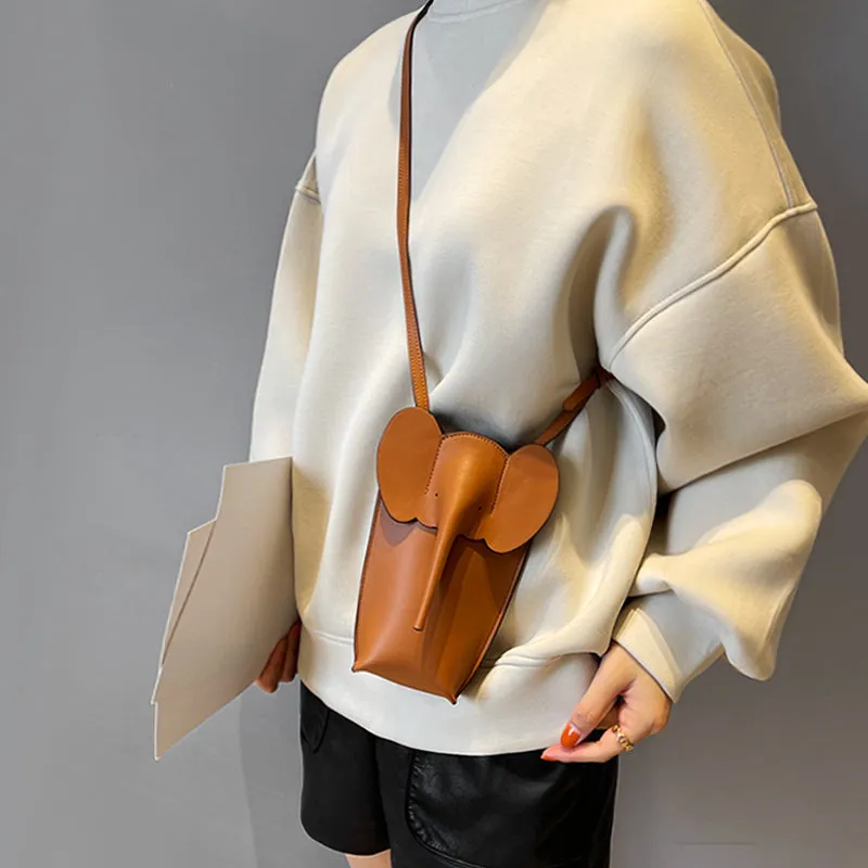 Cute Yellow Leather Elephant Shoulder Bag For Women Leather Mini Elephant Crossbody Bag