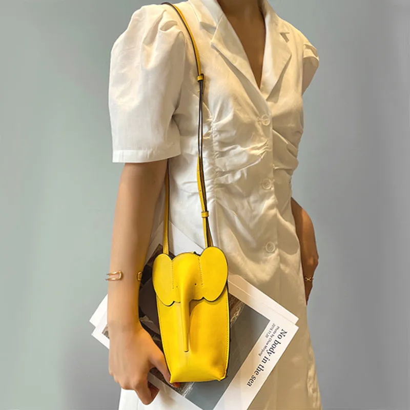 Cute Yellow Leather Elephant Shoulder Bag For Women Leather Mini Elephant Crossbody Bag