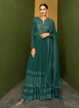 Dark Teal Heavy Embroidered Designer Sharara Suit