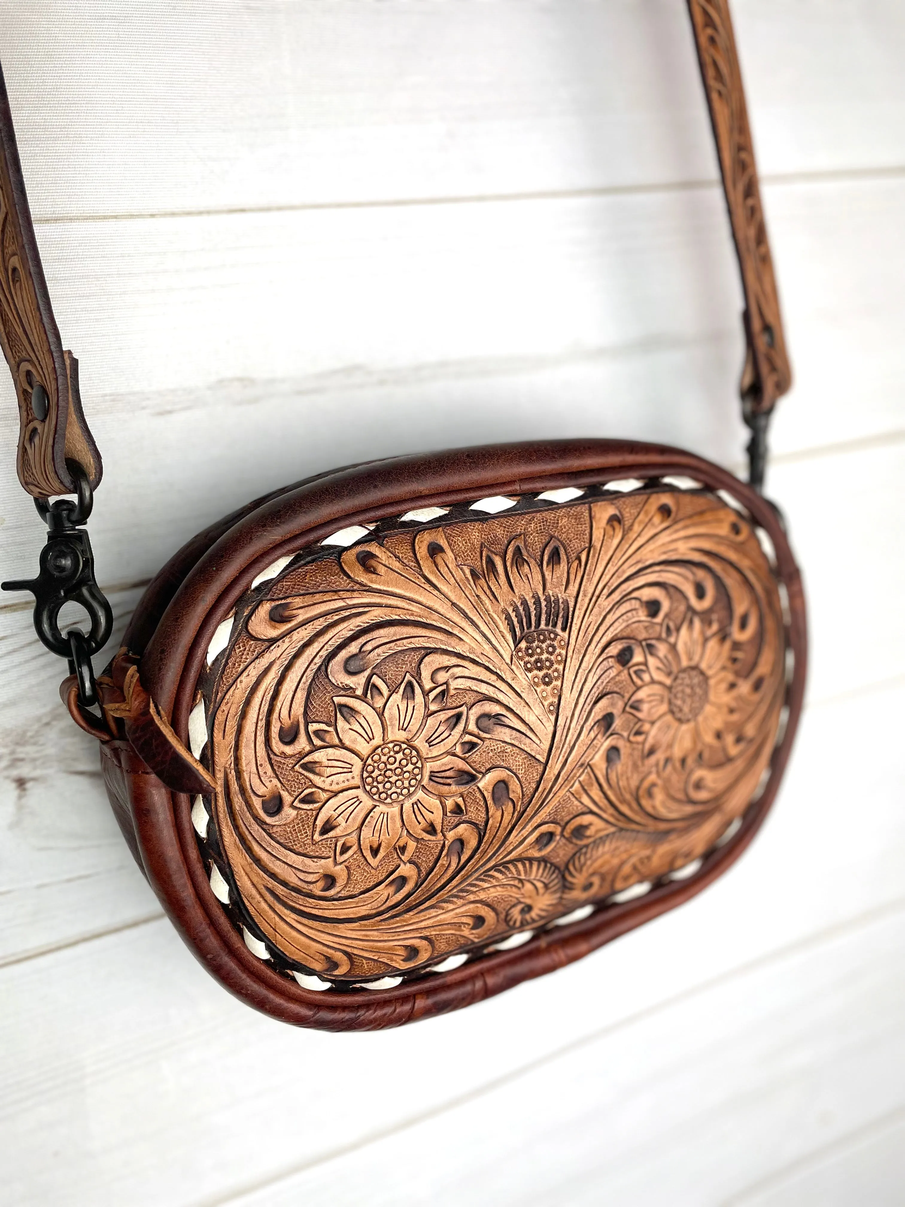 Darling Tooled Buckstitch Leather Crossbody Bag