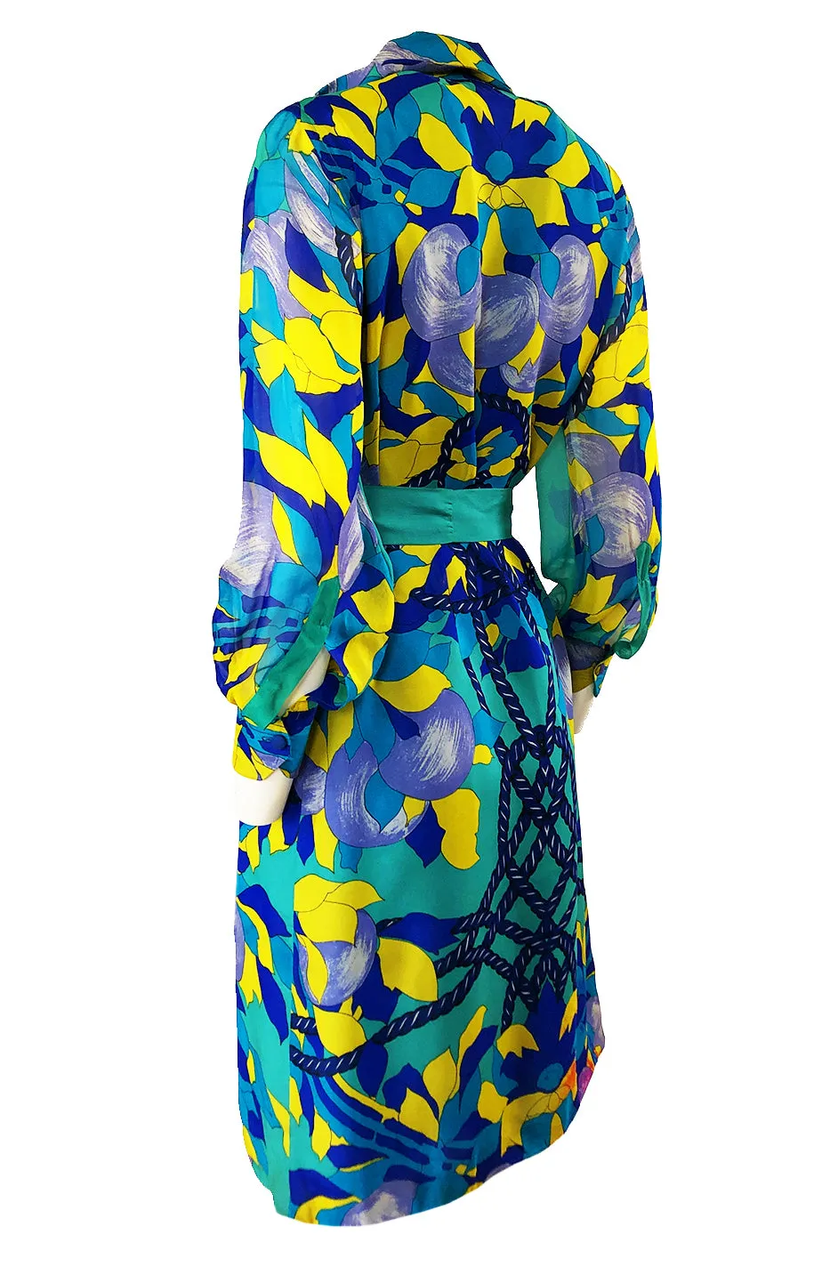 Dated 1975 La Mendola Turquoise & Blues Belted Silk Shirt Dress