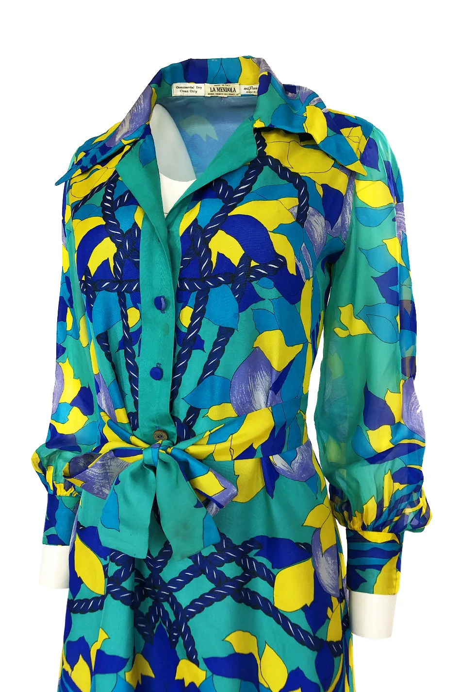 Dated 1975 La Mendola Turquoise & Blues Belted Silk Shirt Dress