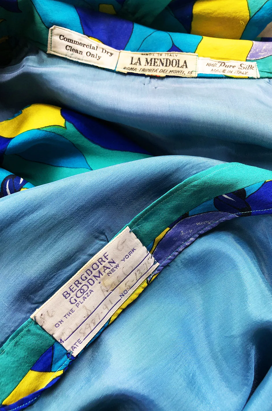 Dated 1975 La Mendola Turquoise & Blues Belted Silk Shirt Dress