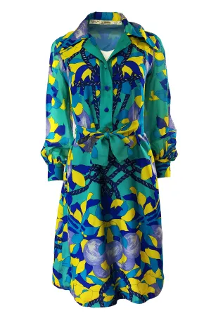 Dated 1975 La Mendola Turquoise & Blues Belted Silk Shirt Dress