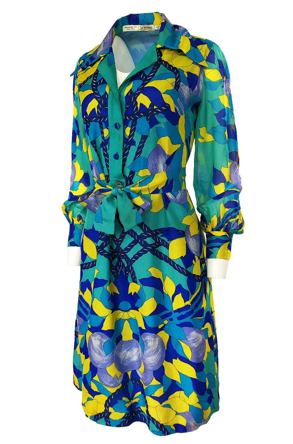 Dated 1975 La Mendola Turquoise & Blues Belted Silk Shirt Dress