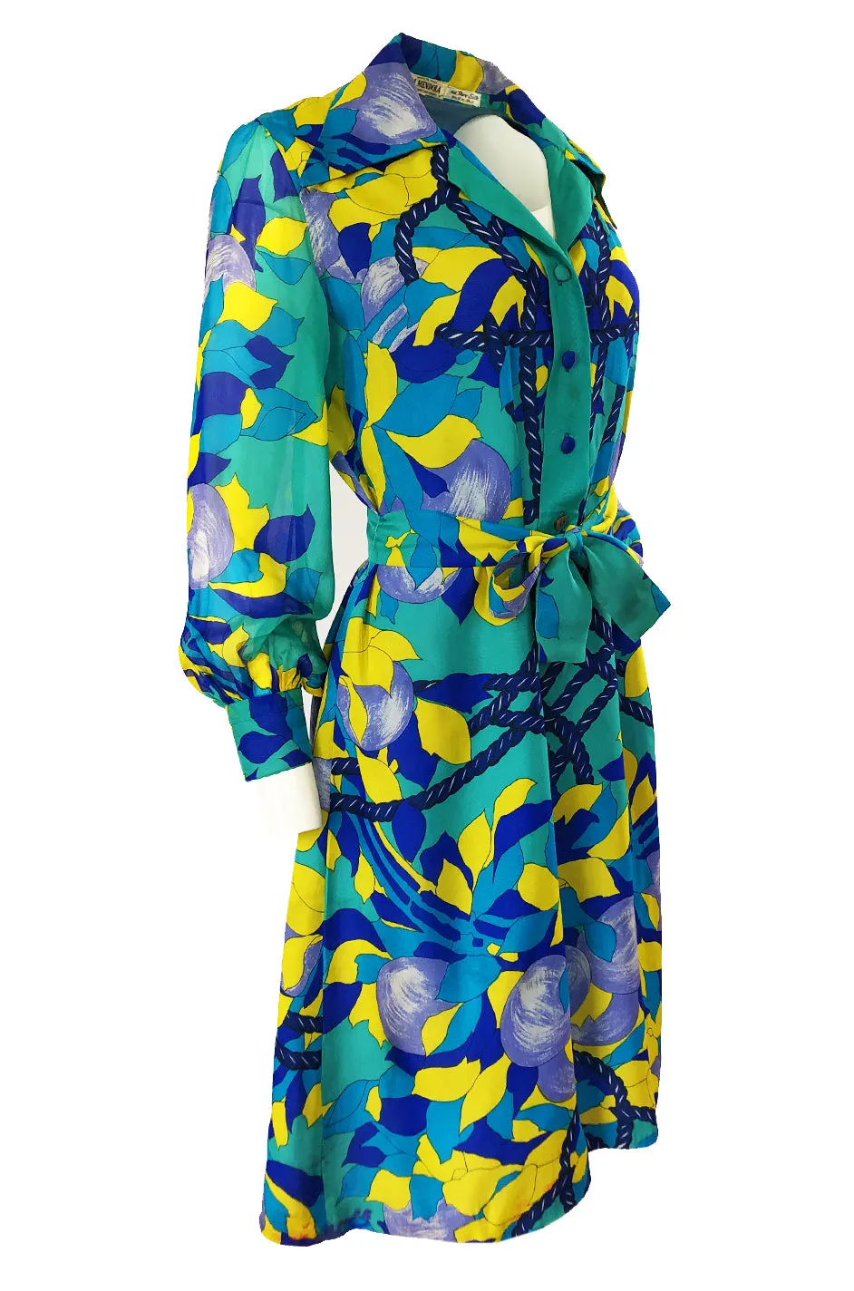 Dated 1975 La Mendola Turquoise & Blues Belted Silk Shirt Dress