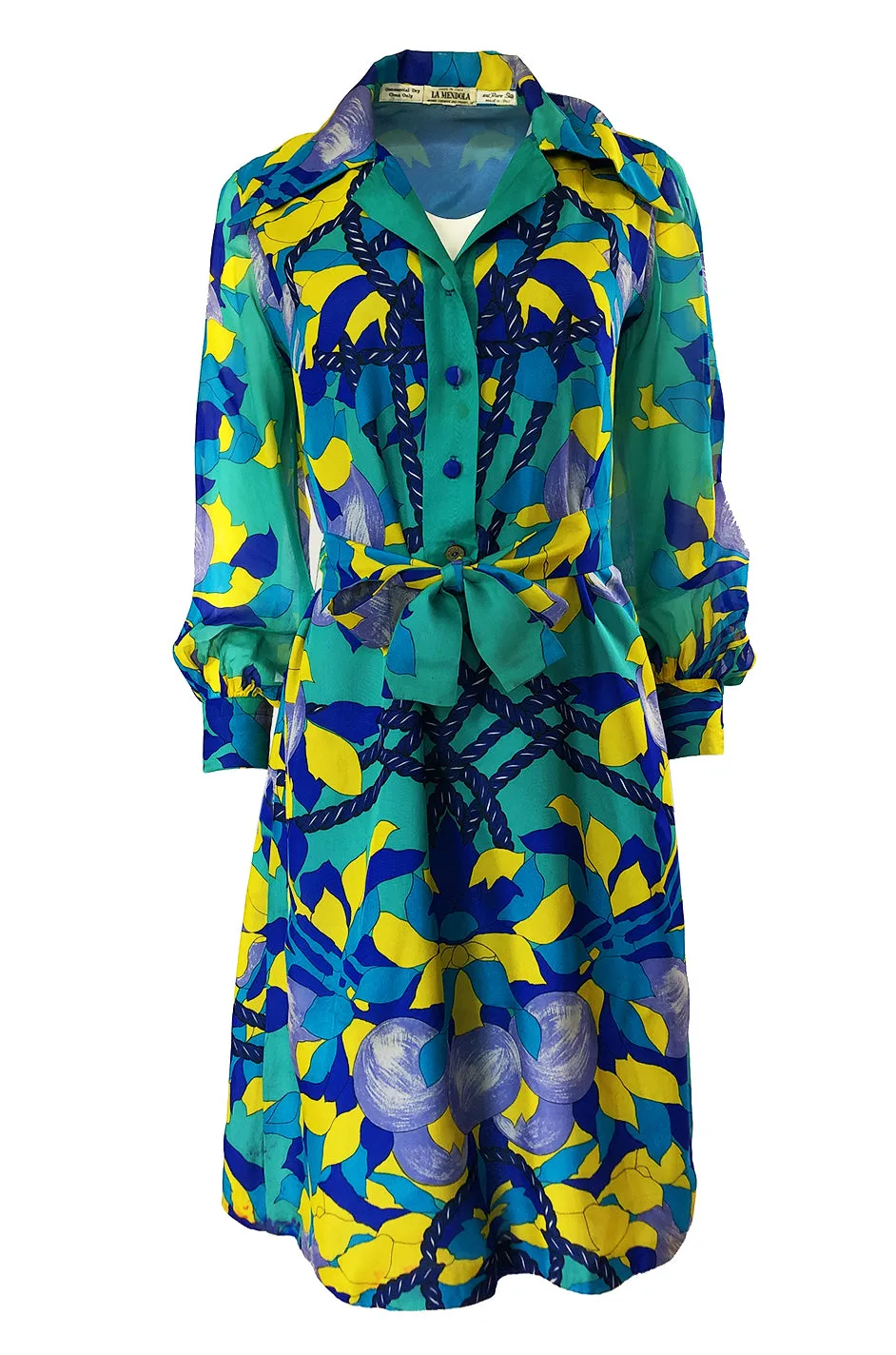 Dated 1975 La Mendola Turquoise & Blues Belted Silk Shirt Dress