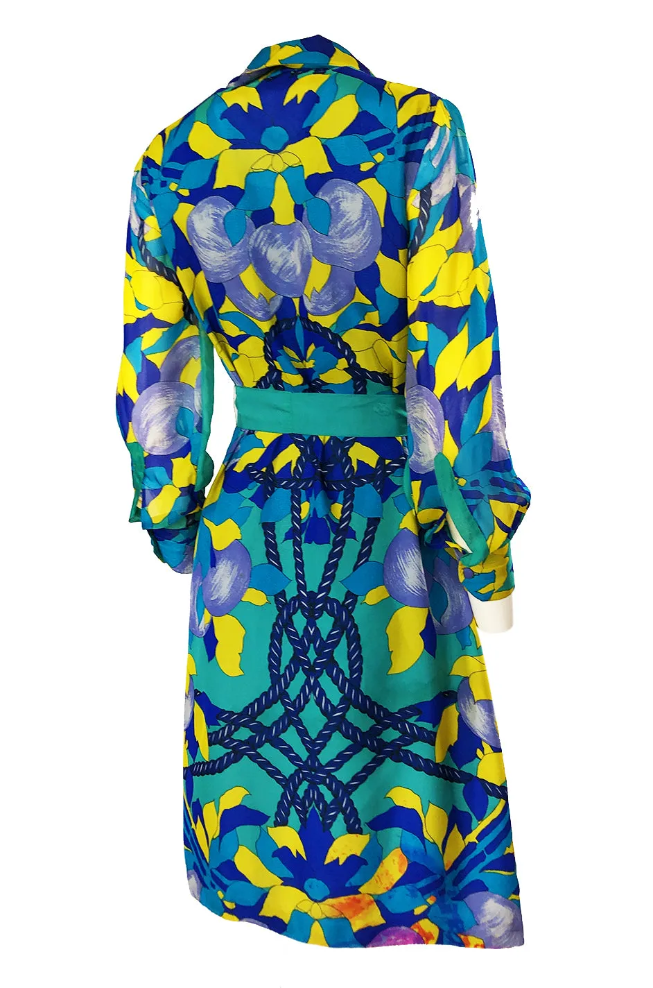 Dated 1975 La Mendola Turquoise & Blues Belted Silk Shirt Dress