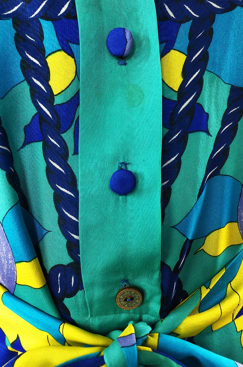 Dated 1975 La Mendola Turquoise & Blues Belted Silk Shirt Dress