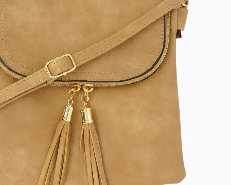 Desi Vegan Suede Taupe Crossbody Handbag