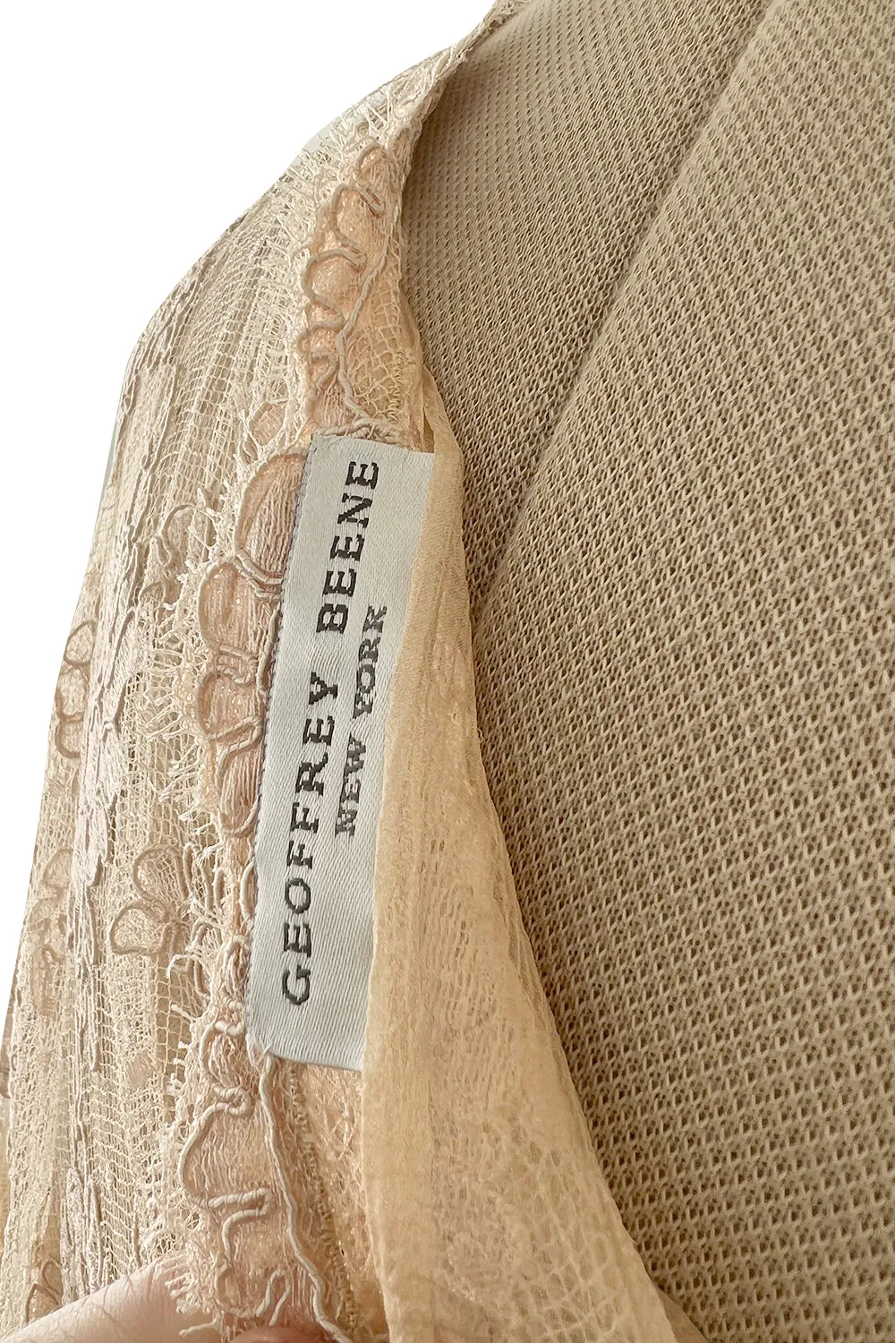 Dreamiest 1970s Geoffrey Beene One Shoulder Soft Blush Pink & Moss Green Corded Lace Dress