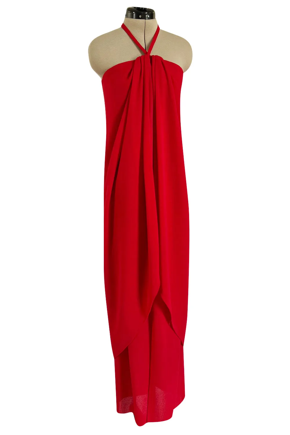 Easy to Wear Fall 1994 Bill Blass Red Silk Crepe Gathered Front Halter Dress