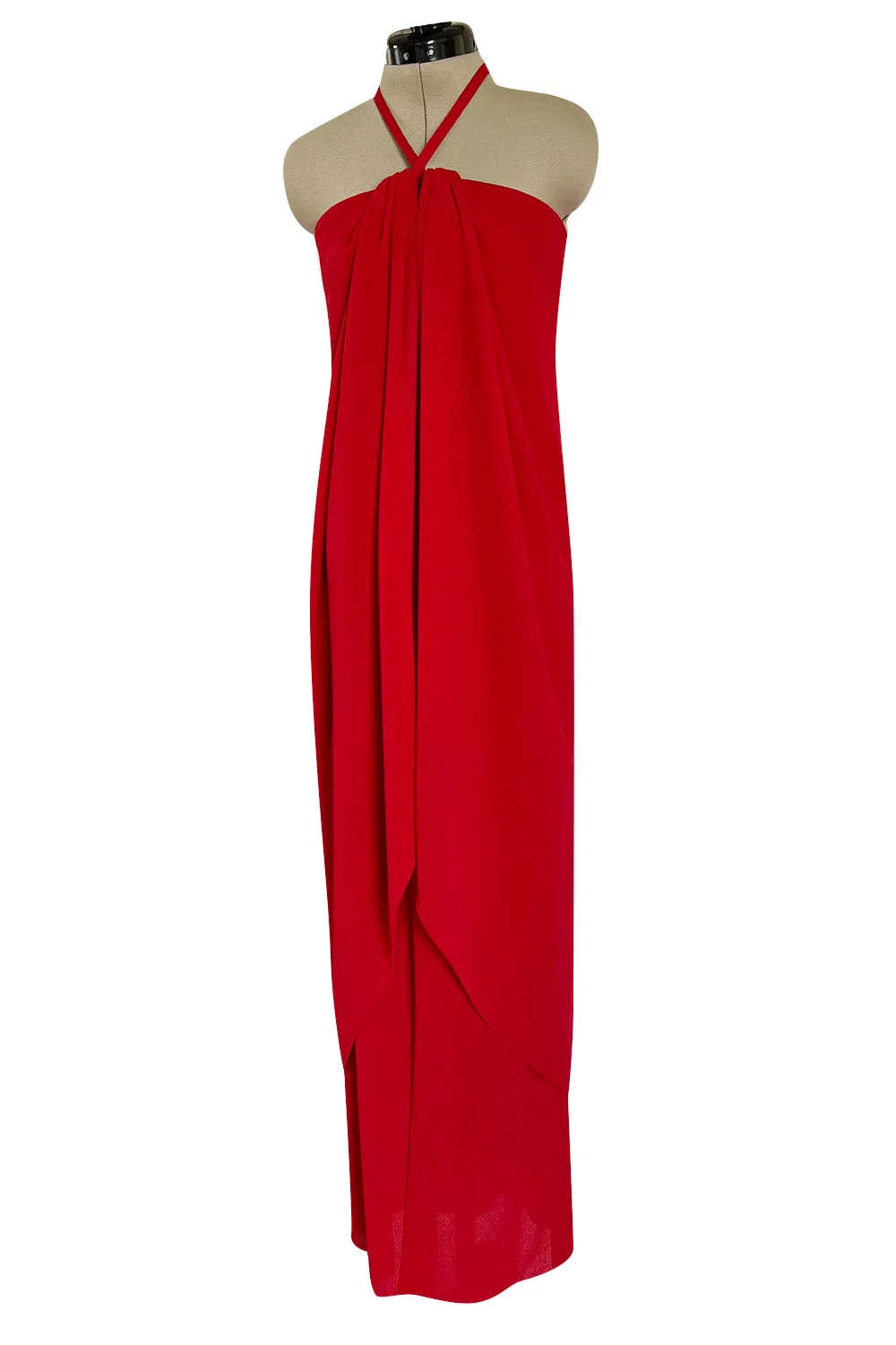 Easy to Wear Fall 1994 Bill Blass Red Silk Crepe Gathered Front Halter Dress