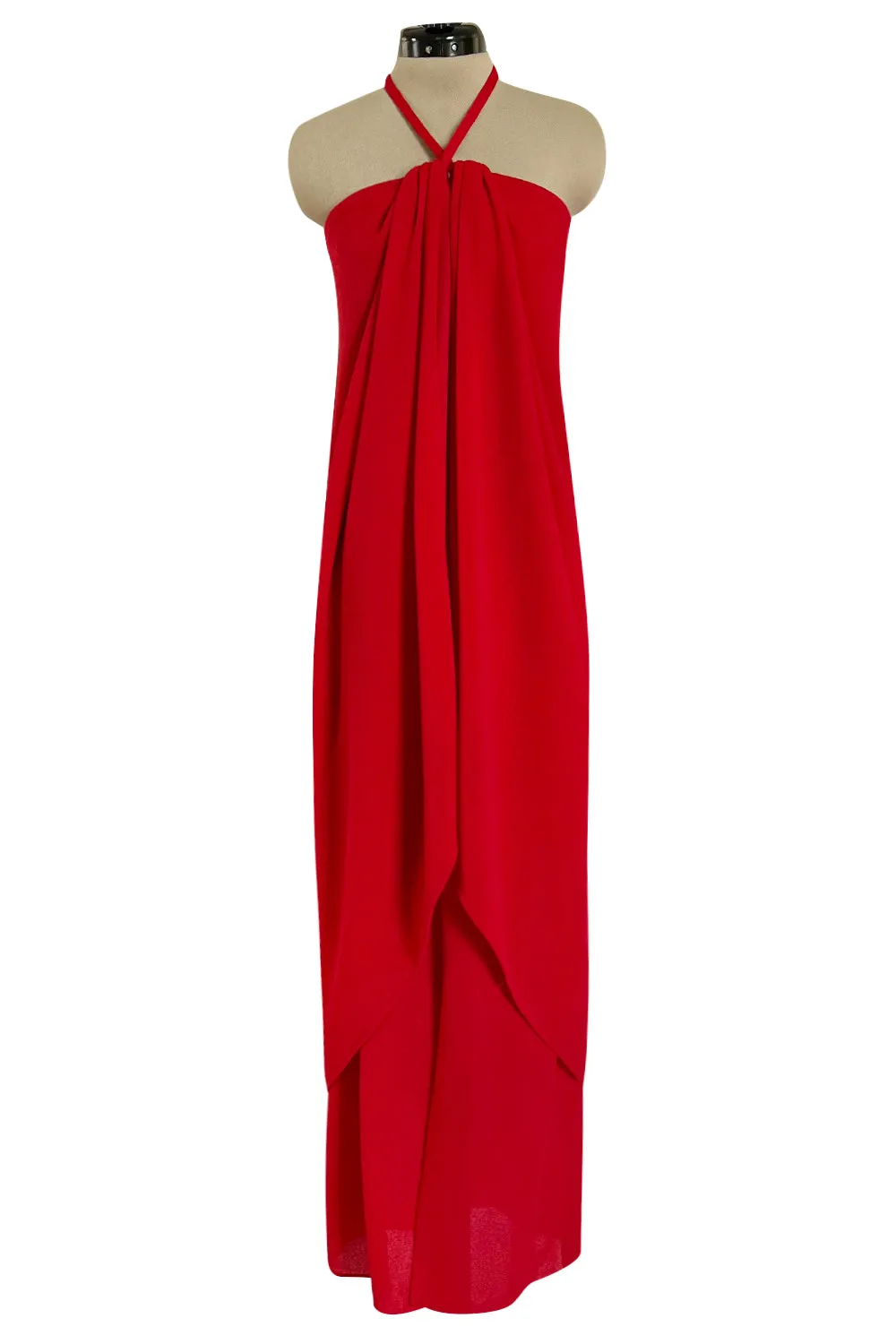 Easy to Wear Fall 1994 Bill Blass Red Silk Crepe Gathered Front Halter Dress