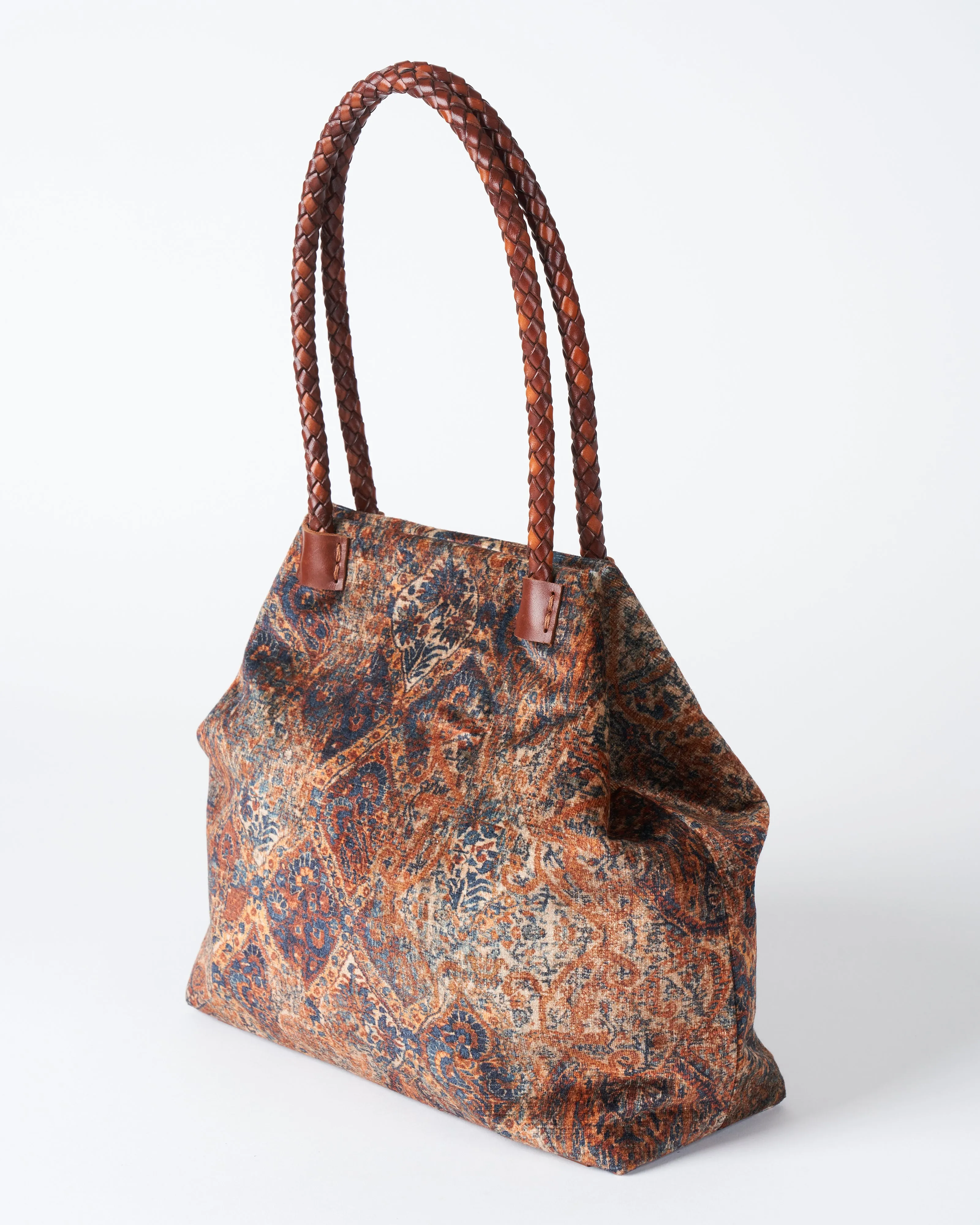elizabeth velvet tote w/ leather handles - chestnut/blue