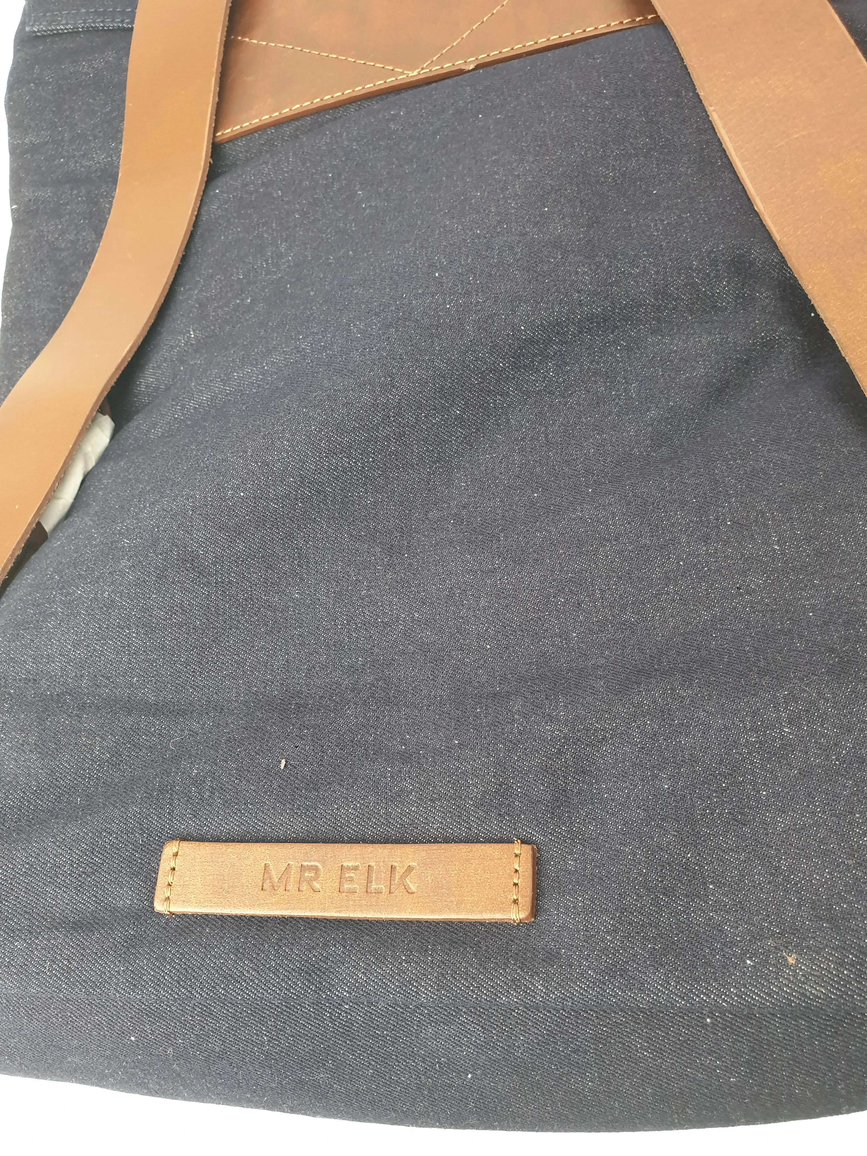 Elk denim and brown leather backpack