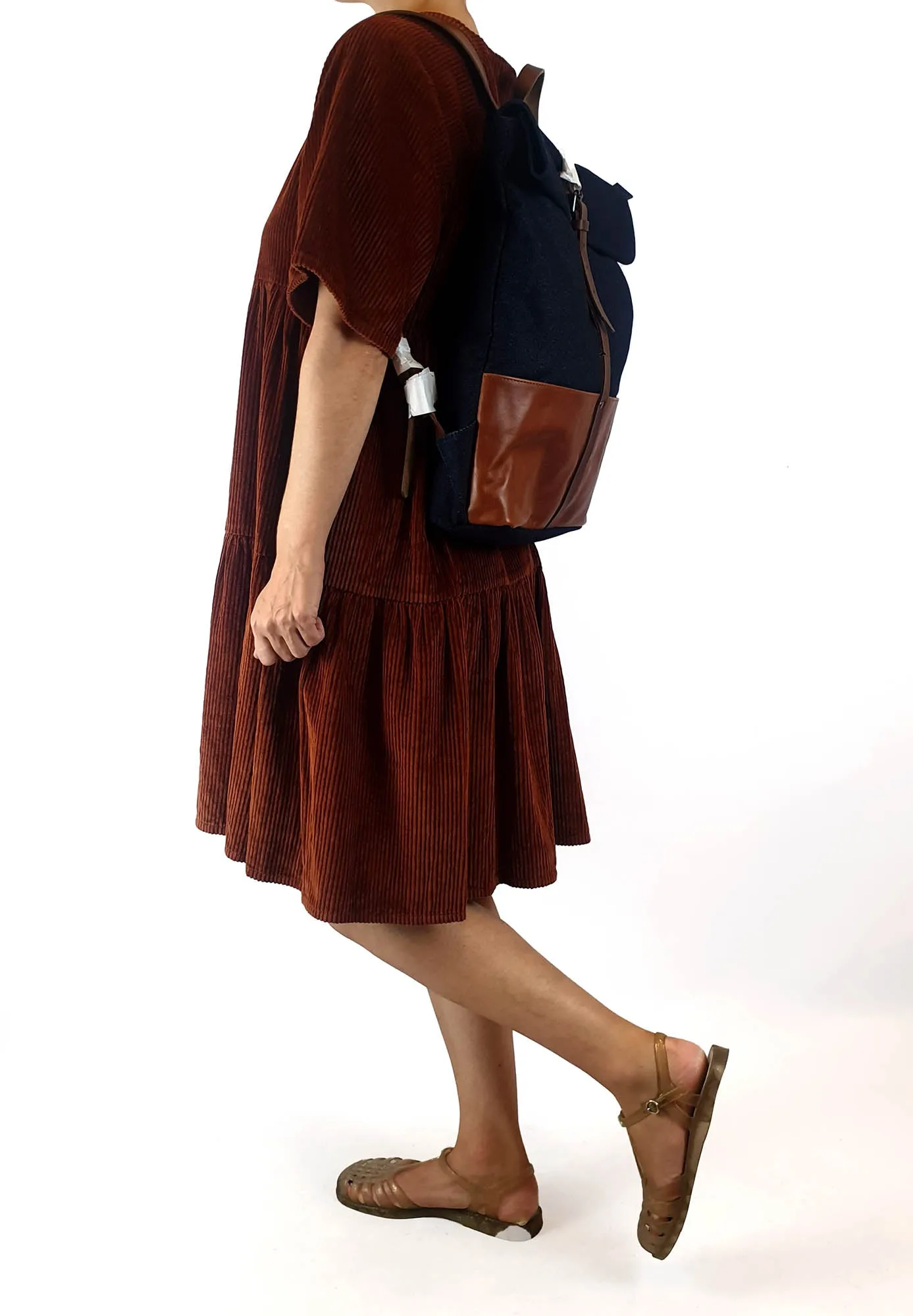 Elk denim and brown leather backpack