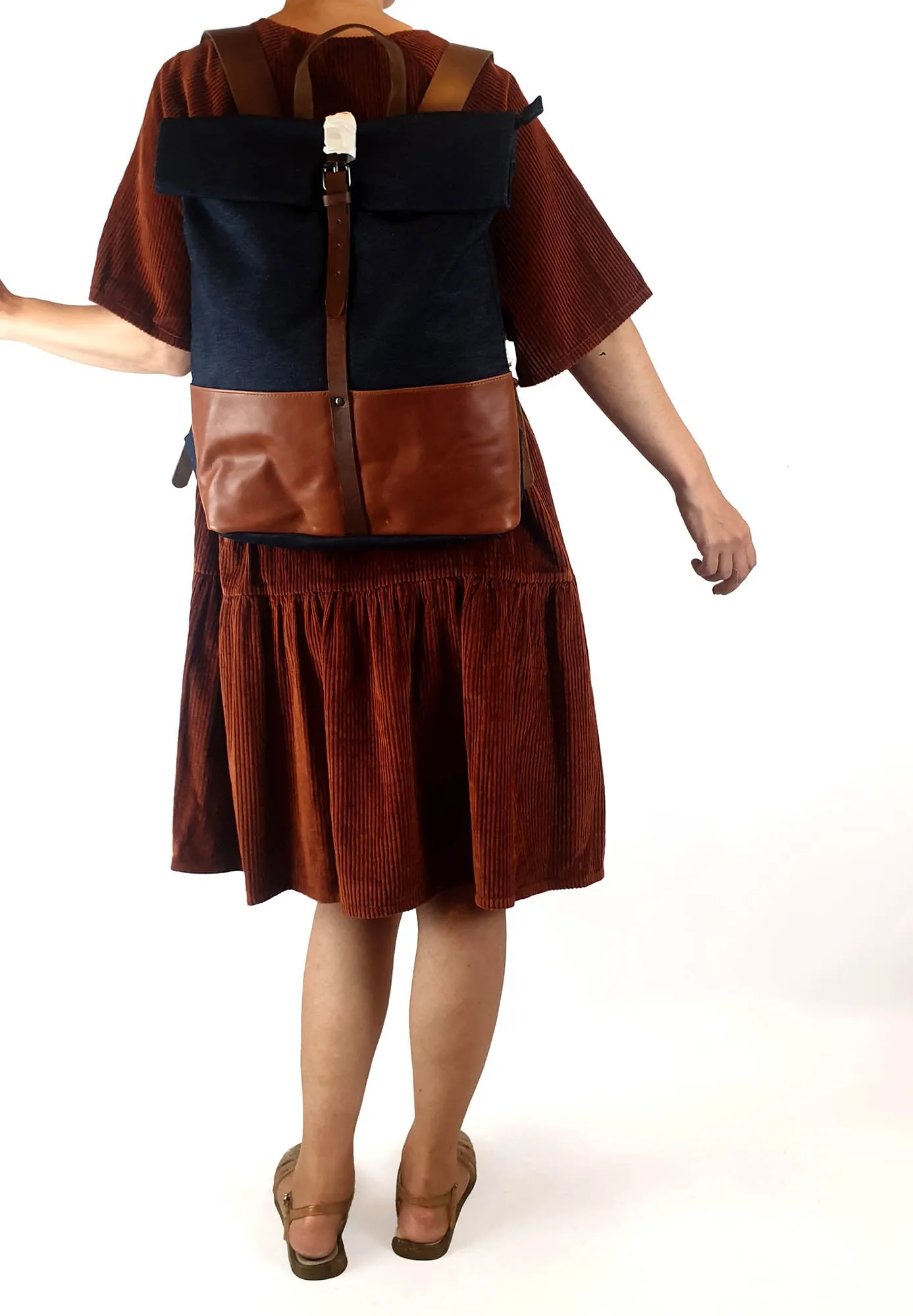 Elk denim and brown leather backpack