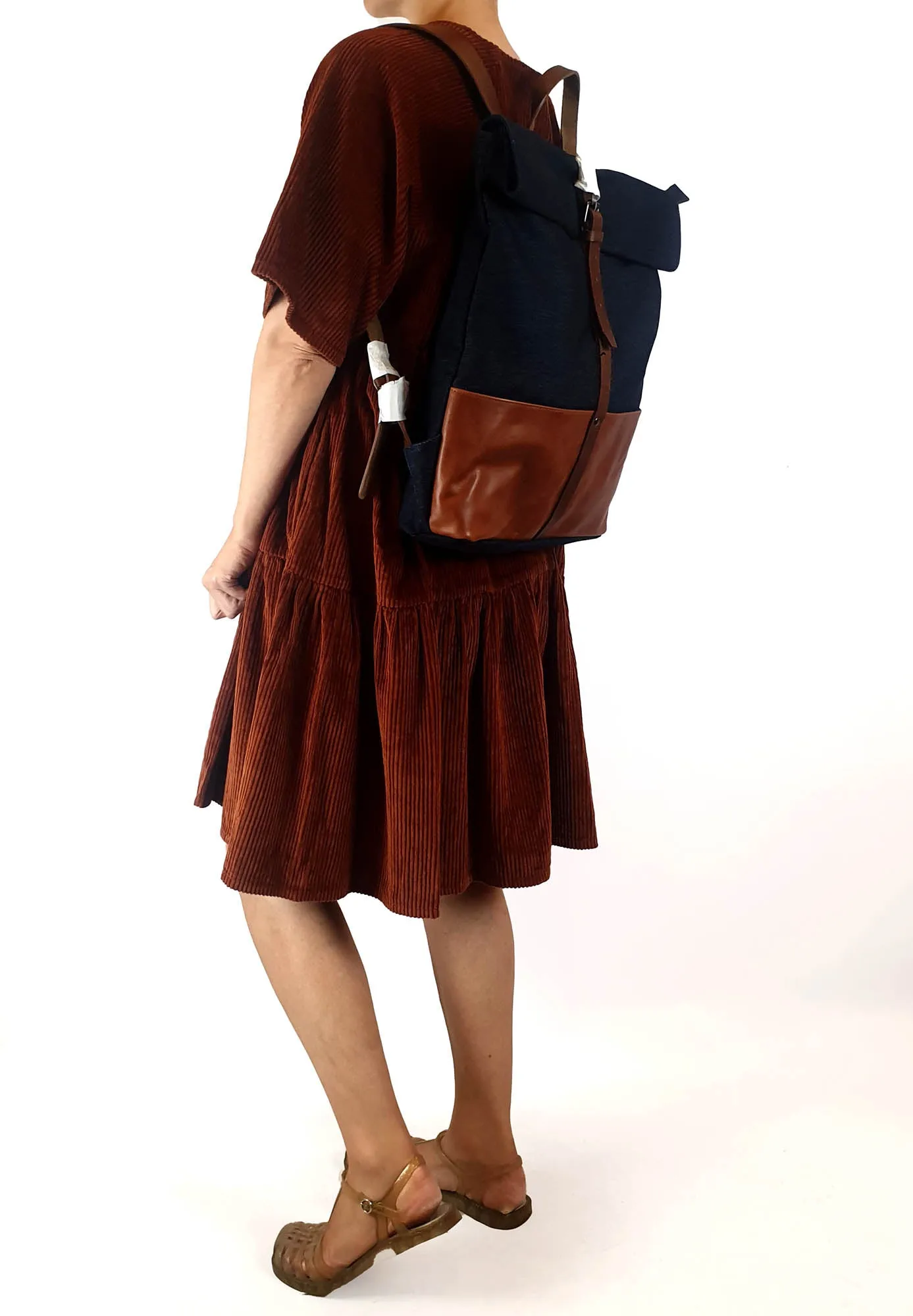 Elk denim and brown leather backpack