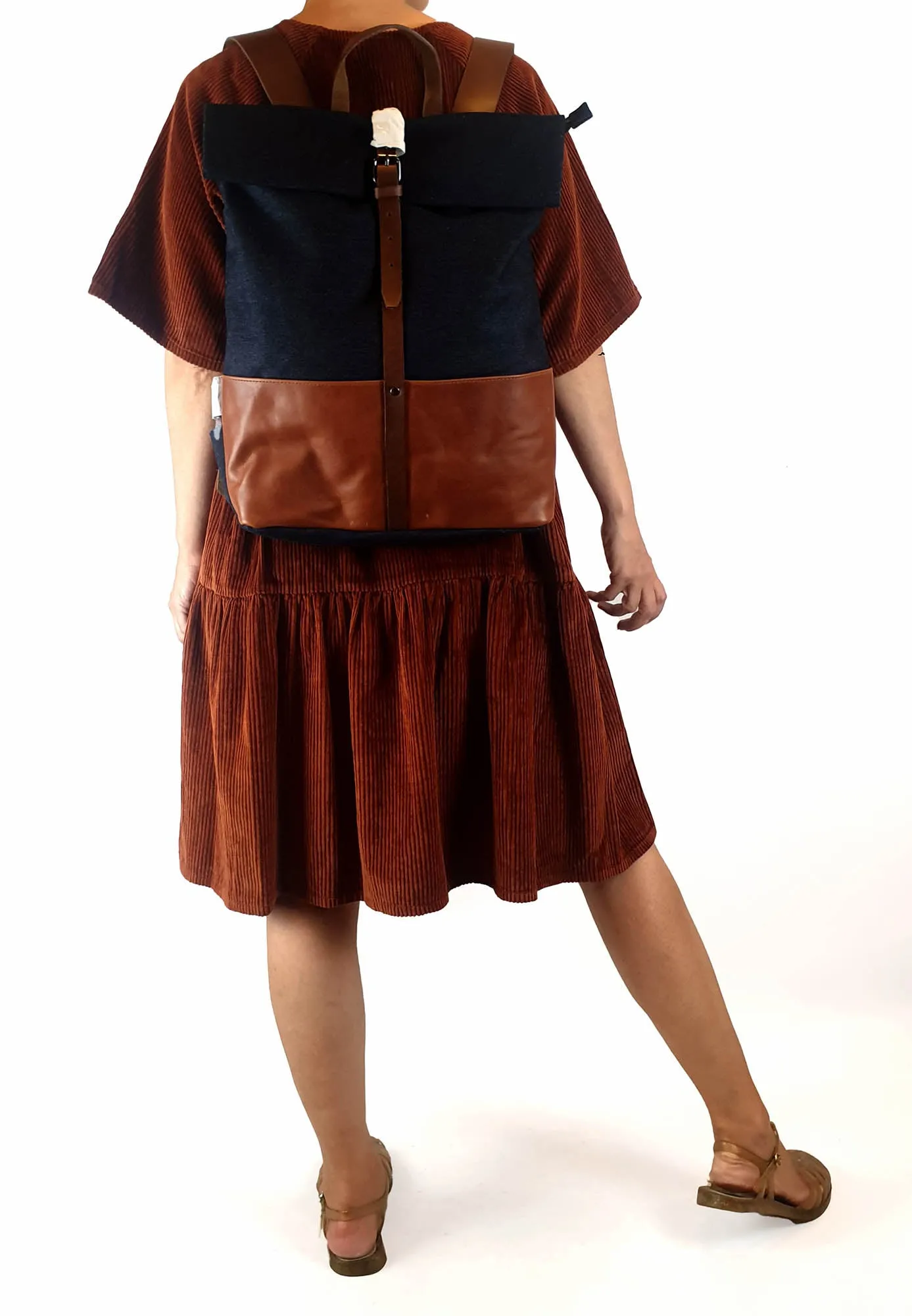 Elk denim and brown leather backpack