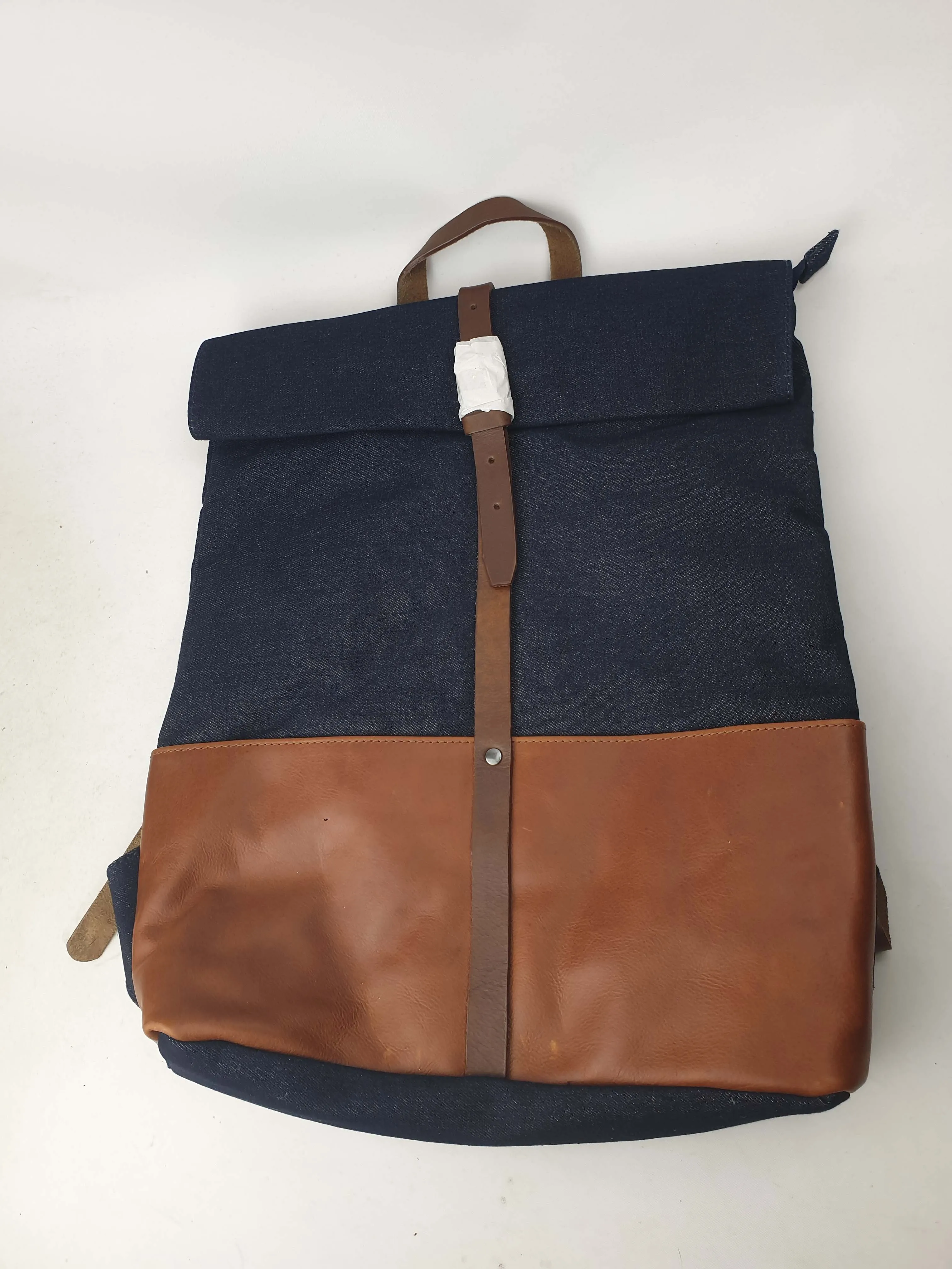 Elk denim and brown leather backpack