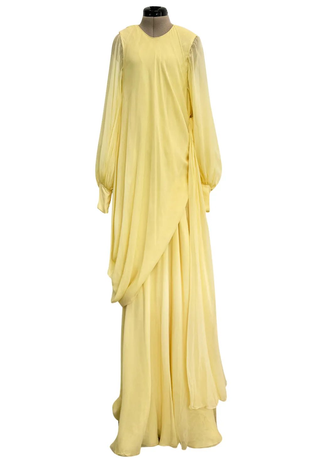 Exceptional 1970s George Stavropoulos Pale Yellow Bias Cut Silk Chiffon Caftan Dress w Attached Panel