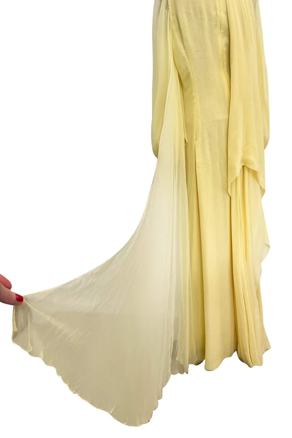 Exceptional 1970s George Stavropoulos Pale Yellow Bias Cut Silk Chiffon Caftan Dress w Attached Panel