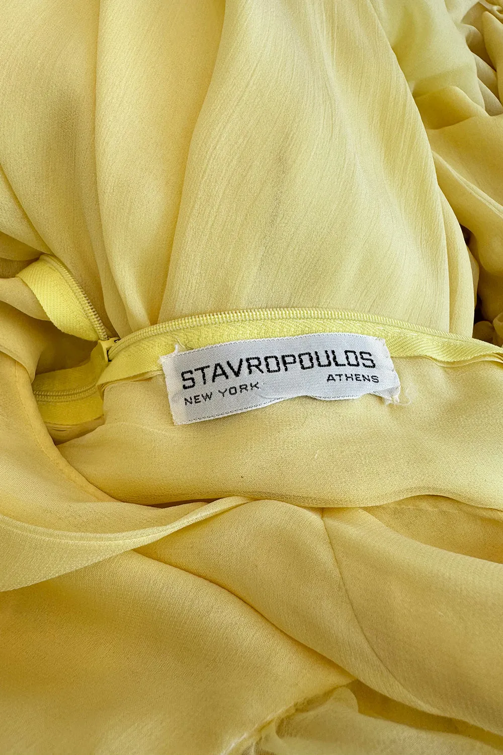 Exceptional 1970s George Stavropoulos Pale Yellow Bias Cut Silk Chiffon Caftan Dress w Attached Panel