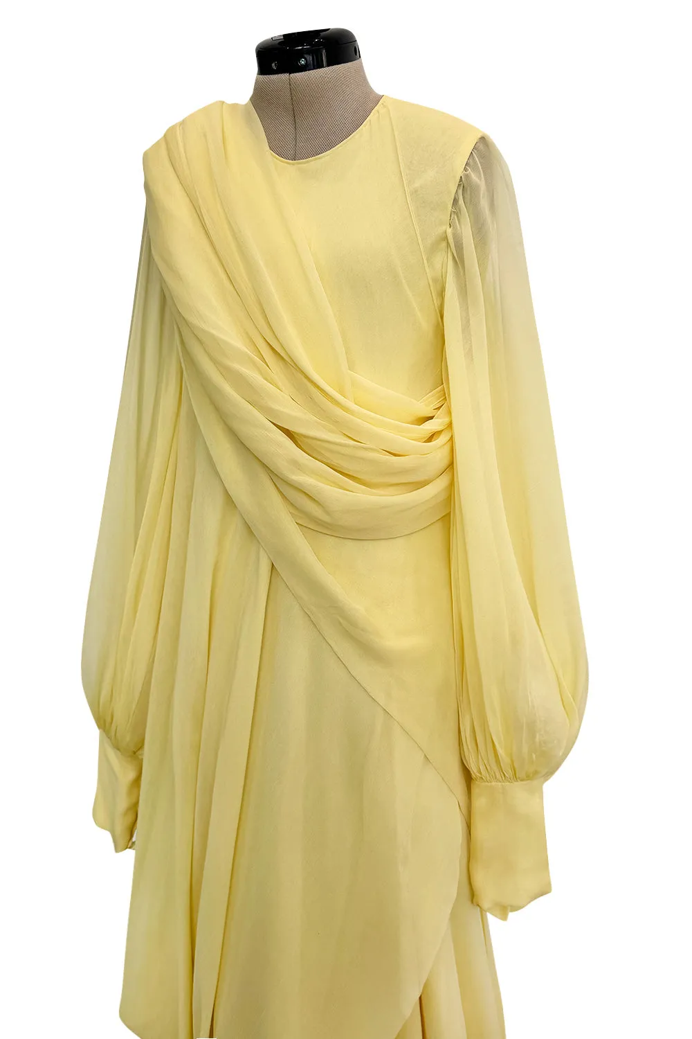 Exceptional 1970s George Stavropoulos Pale Yellow Bias Cut Silk Chiffon Caftan Dress w Attached Panel