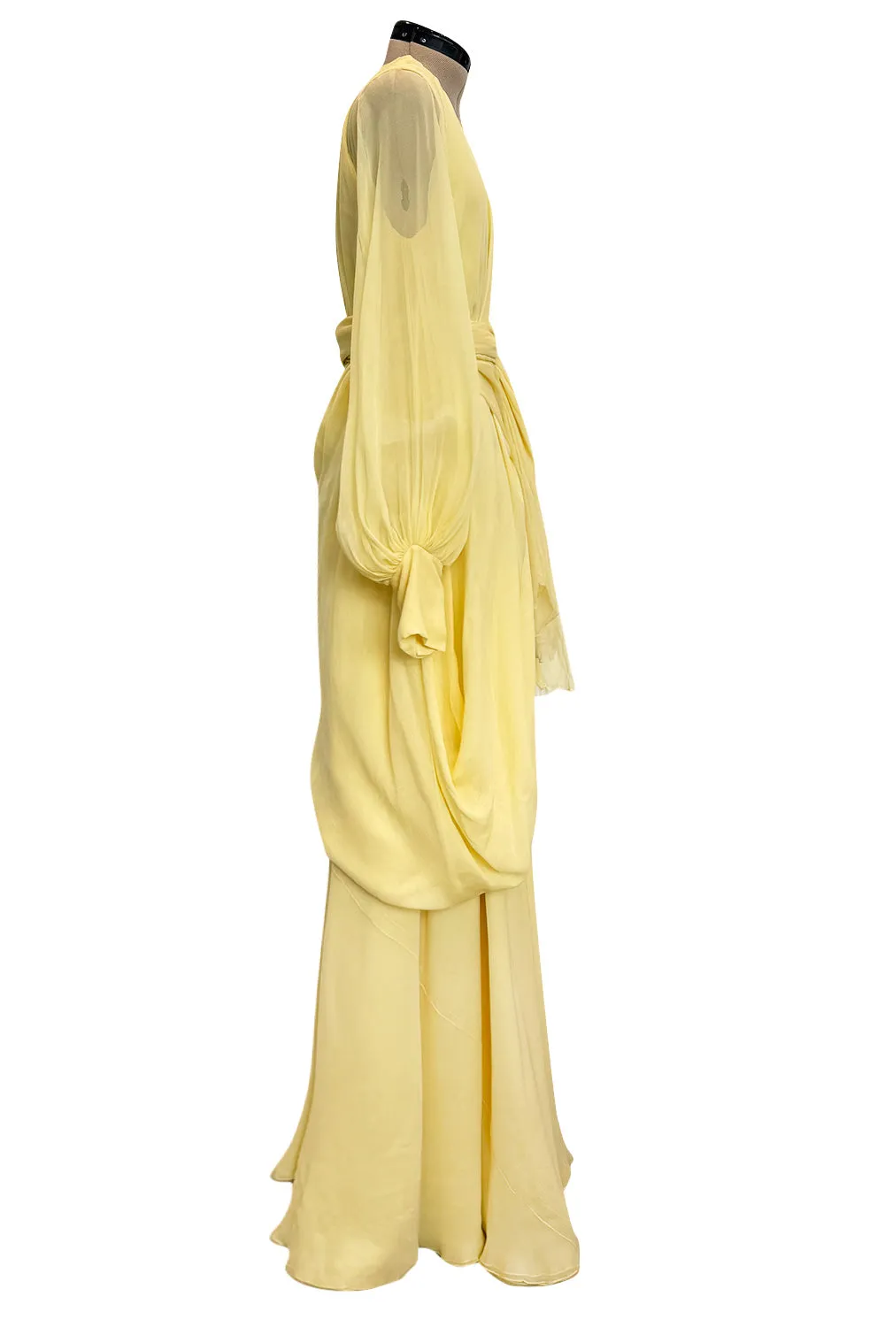 Exceptional 1970s George Stavropoulos Pale Yellow Bias Cut Silk Chiffon Caftan Dress w Attached Panel