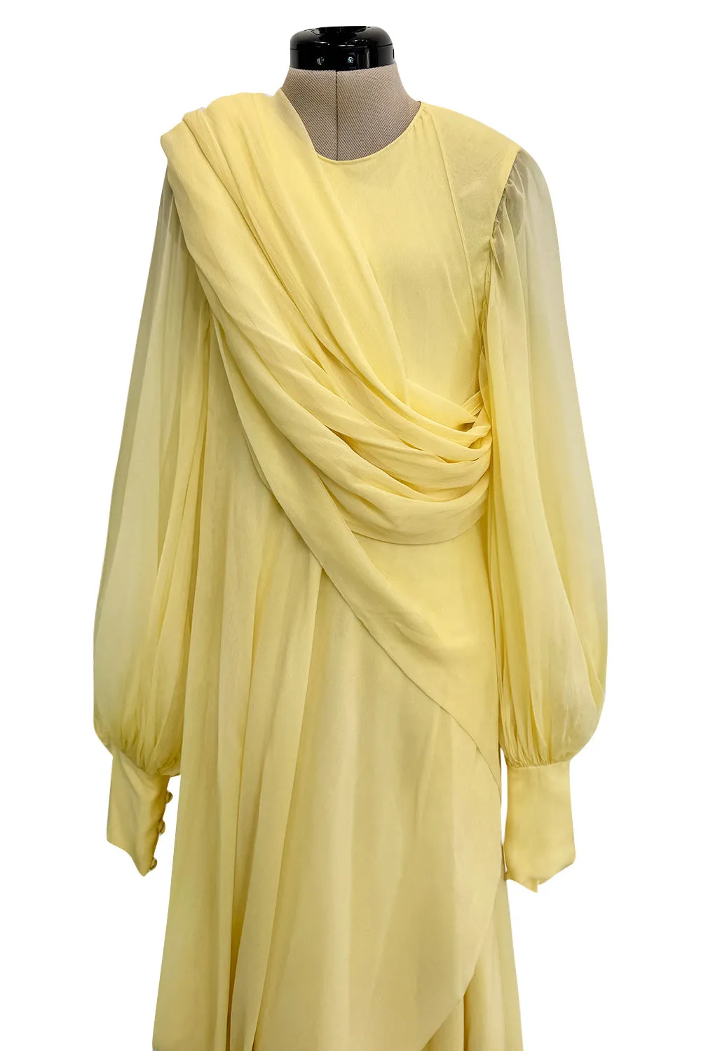 Exceptional 1970s George Stavropoulos Pale Yellow Bias Cut Silk Chiffon Caftan Dress w Attached Panel