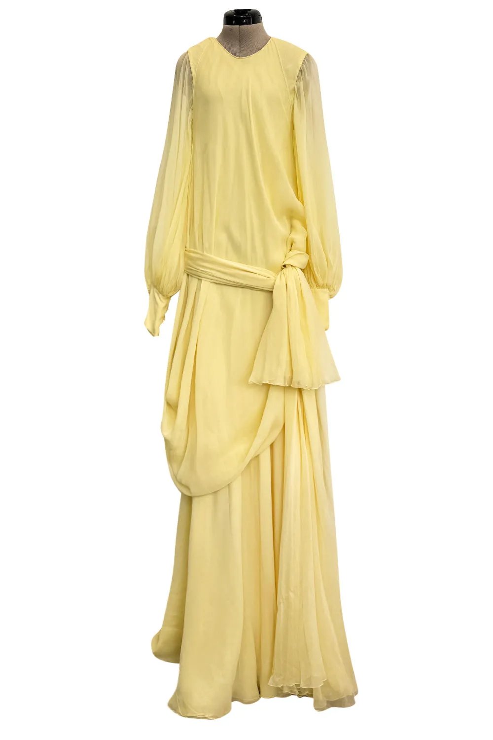 Exceptional 1970s George Stavropoulos Pale Yellow Bias Cut Silk Chiffon Caftan Dress w Attached Panel