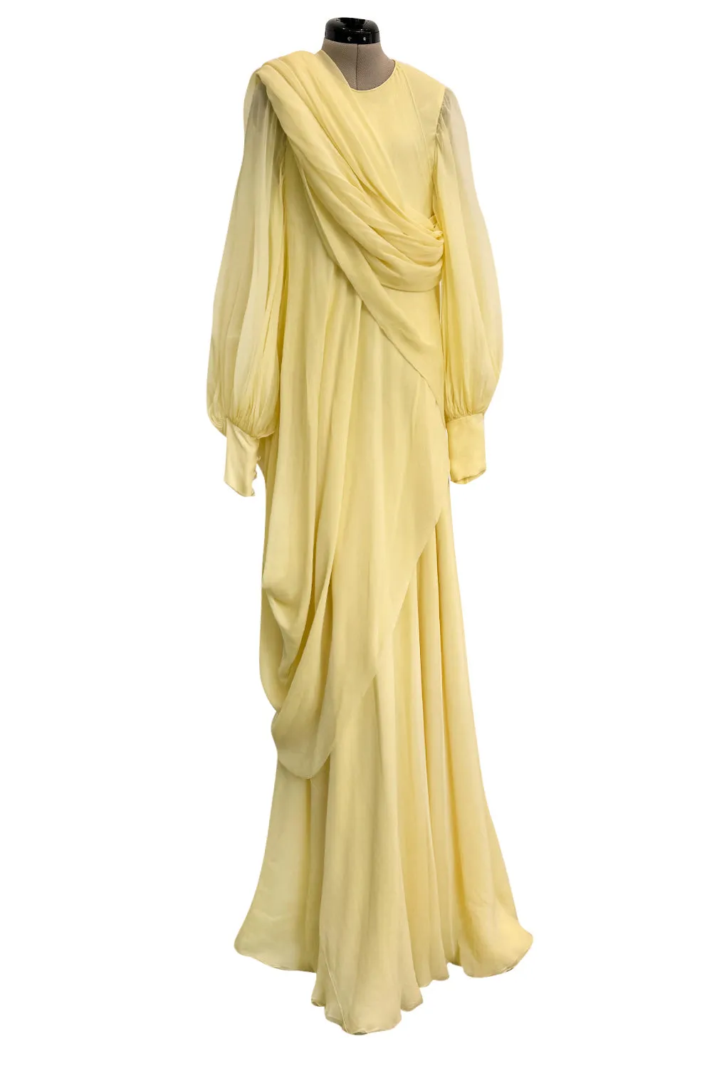 Exceptional 1970s George Stavropoulos Pale Yellow Bias Cut Silk Chiffon Caftan Dress w Attached Panel