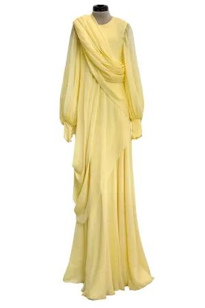 Exceptional 1970s George Stavropoulos Pale Yellow Bias Cut Silk Chiffon Caftan Dress w Attached Panel